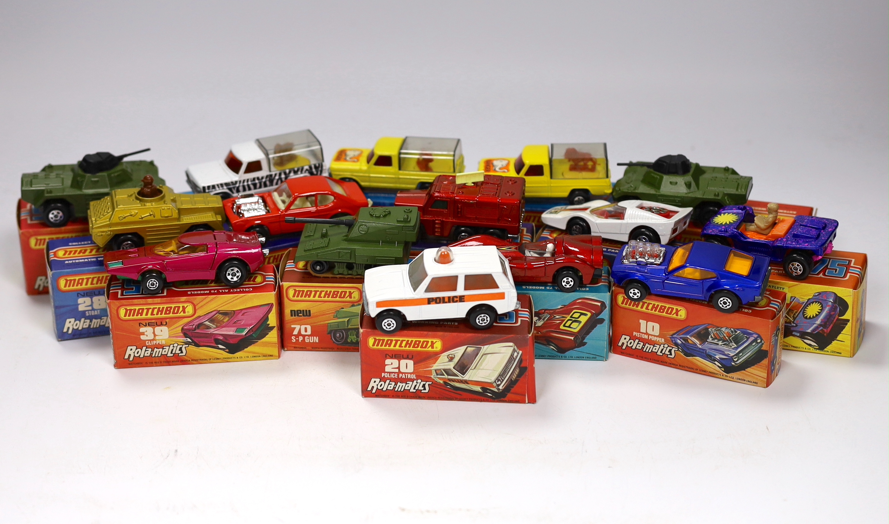 Fifteen boxed Matchbox Superfast 1-75 Rola-matics series diecast vehicles